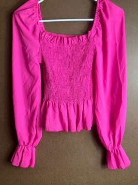 Lioness Hot Pink Smocked Peplum Long Sleeve Top